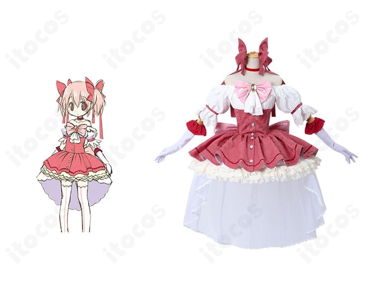 商品正面と鹿目まどかの公式ビジュアルを並置した比較画像。劇場版新衣装ドレスのシルエットと配色を正確に再現。