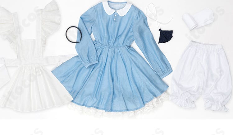 木之本桜 アリス風メイド衣装のセット内容。ワンピース、エプロン、カチューシャ、スカーフ、靴下、かぼちゃパンツの6点。