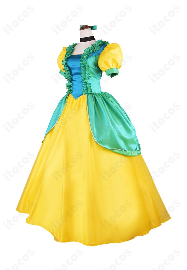 シンデレラのドリゼラ・トレメイン衣装・側面ビュー。ラインのメリハリと装飾配置がわかる角度。