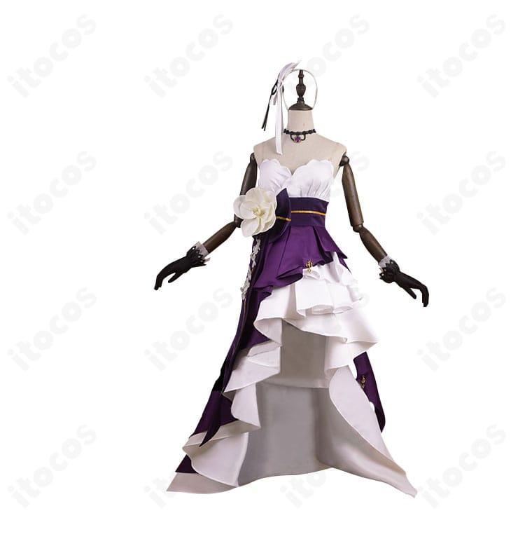 HK416 コスプレ衣装「星の繭」正面ビュー。胸元の縁取りとウエストラインが映える高品質仕立て