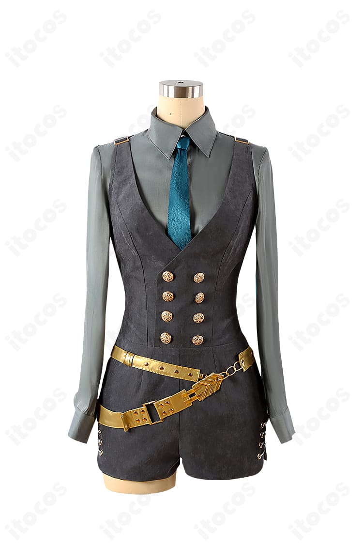 初音ミク コスプレ衣装の内搭・シャツとベストの正面ディテール。ネクタイと胸飾りの配置が分かる