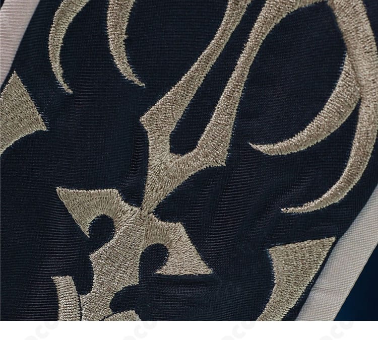 衣装に施された図案装飾のクローズアップ。紋様の発色とプリント精度