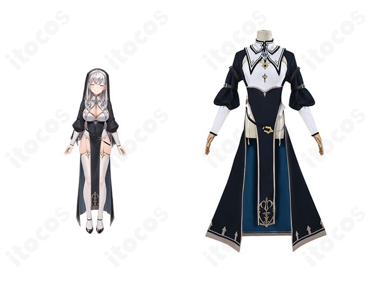 白銀ノエルのシスター×黒騎士風コスプレ衣装とキャラクターイメージの組み合わせ。重厚感ある再現セットの全体像