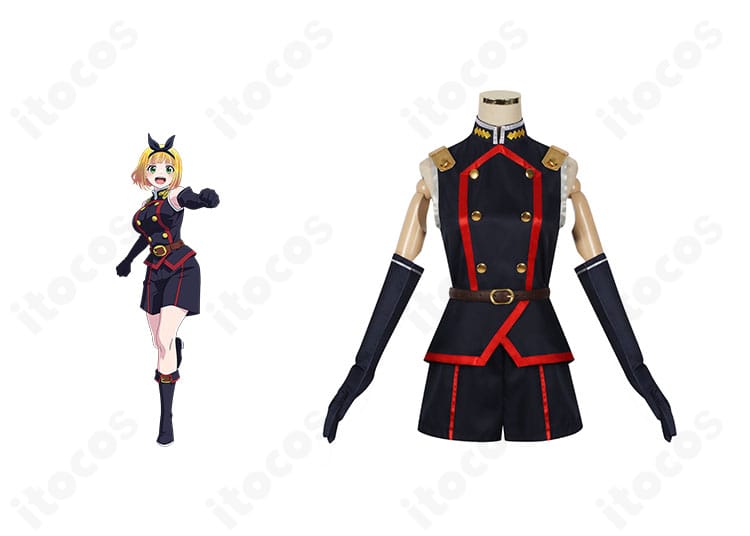 商品正面と駿河朱々のビジュアルを並置した比較画像。魔都精兵のスレイブ隊員制服コスプレの全体再現度を示す構図