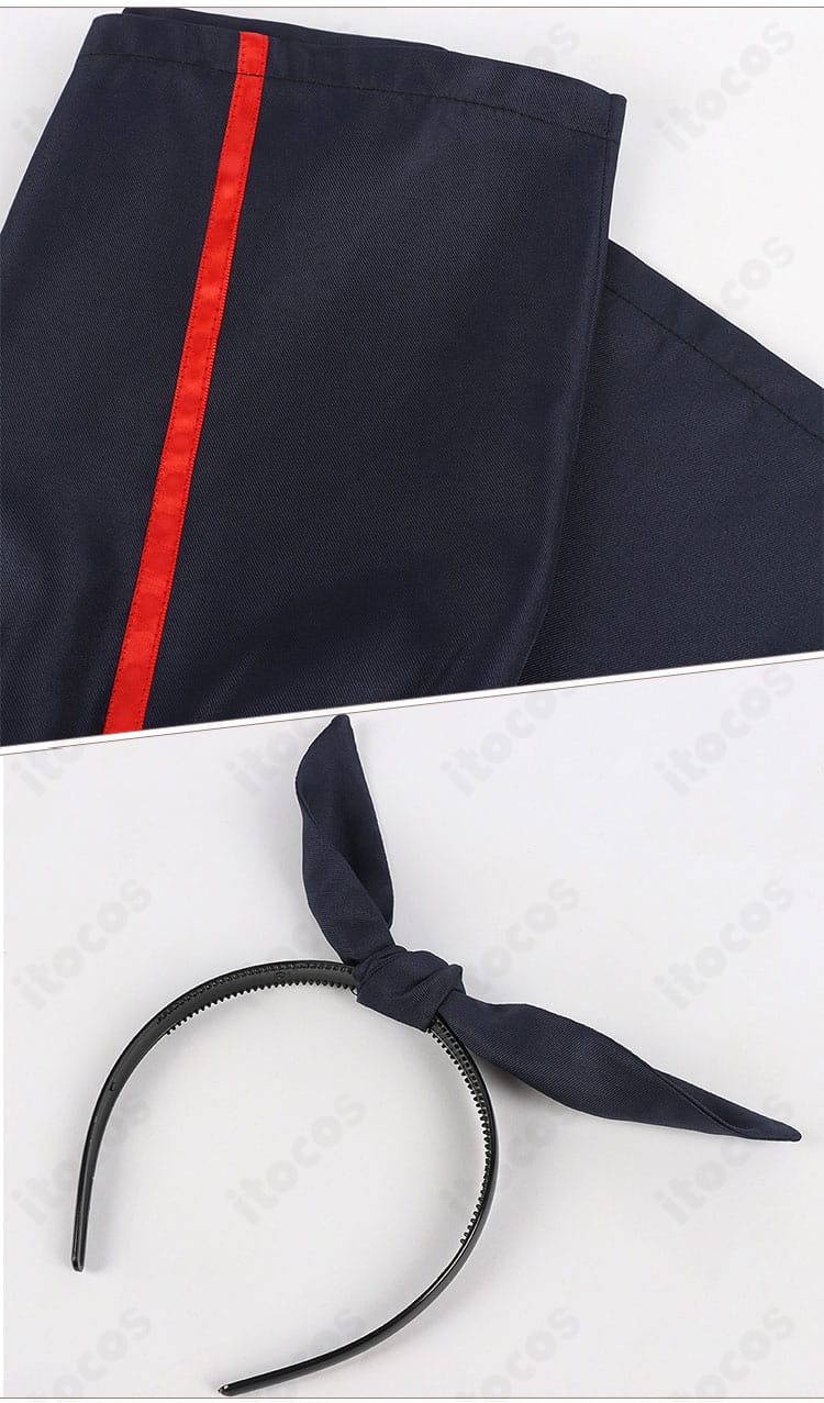 パンツ裾とカチューシャの意匠を同時に写した写真。統一感のある配色と装飾の仕上げを強調