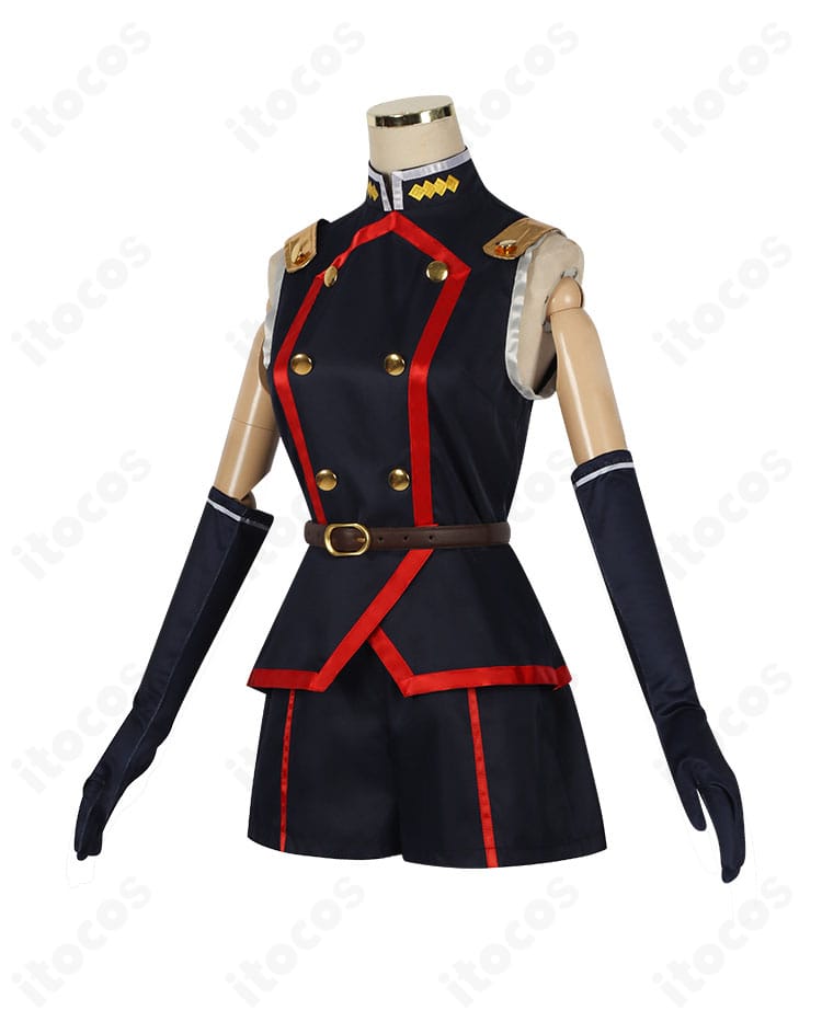 駿河朱々コスプレ衣装の側面。動きやすいカッティングとウエスト〜ヒップラインの立体感を強調した画像