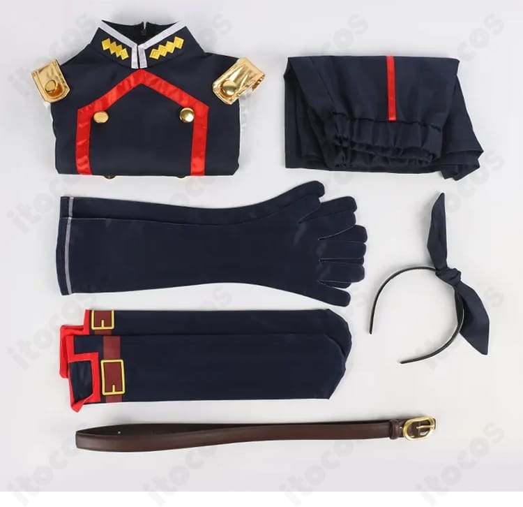 セット内容一式を並べたレイアウト画像。トップス、ショートパンツ、手袋、ベルト、靴下、カチューシャの構成が一目で分かる