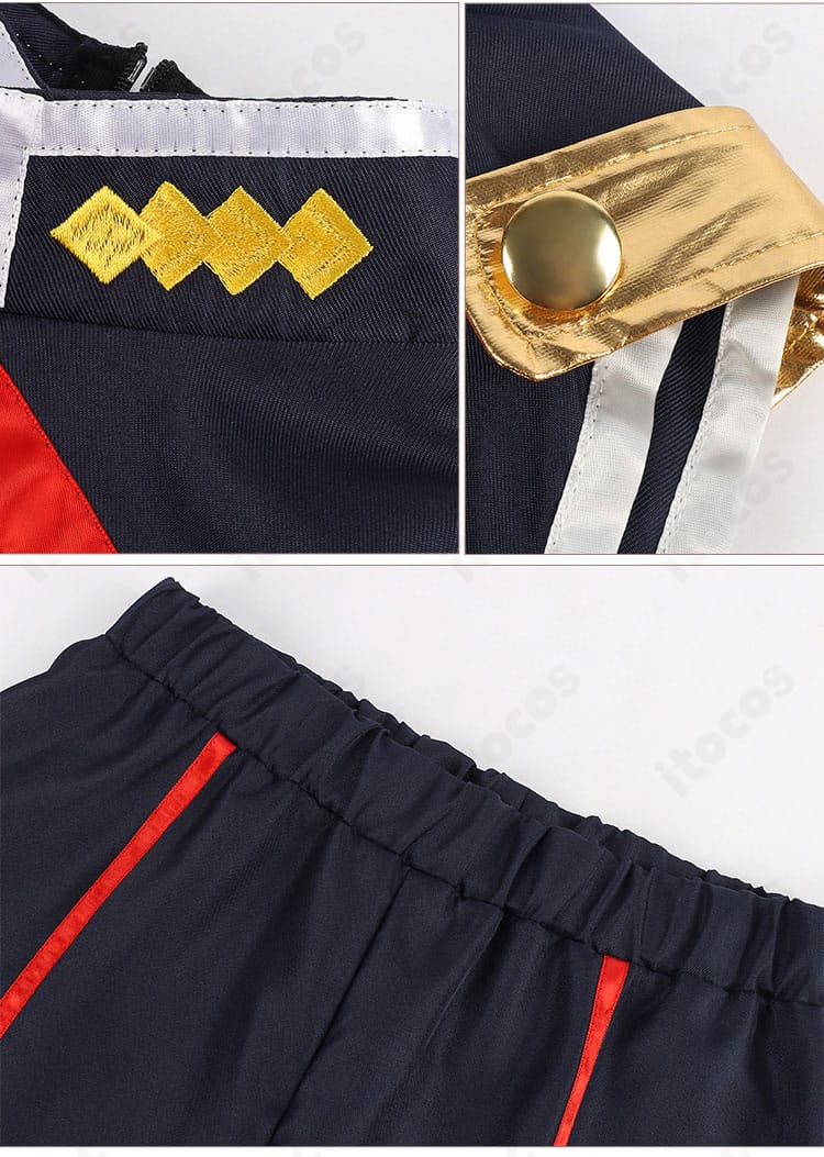 ショートパンツと肩口装飾の近接カット。生地の張りと装飾パーツの固定方法が分かる画像