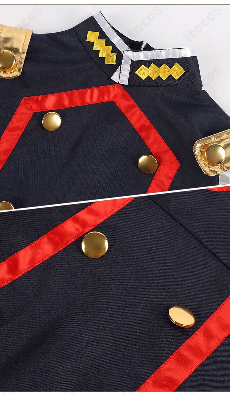 門襟と襟元装飾のクローズアップ。ライン配色と縫製ステッチの精度が分かるディテール写真