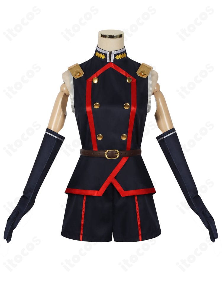 駿河朱々コスプレ衣装の正面全体像。門襟ラインとトップス〜ショートパンツのシルエットが分かる写真