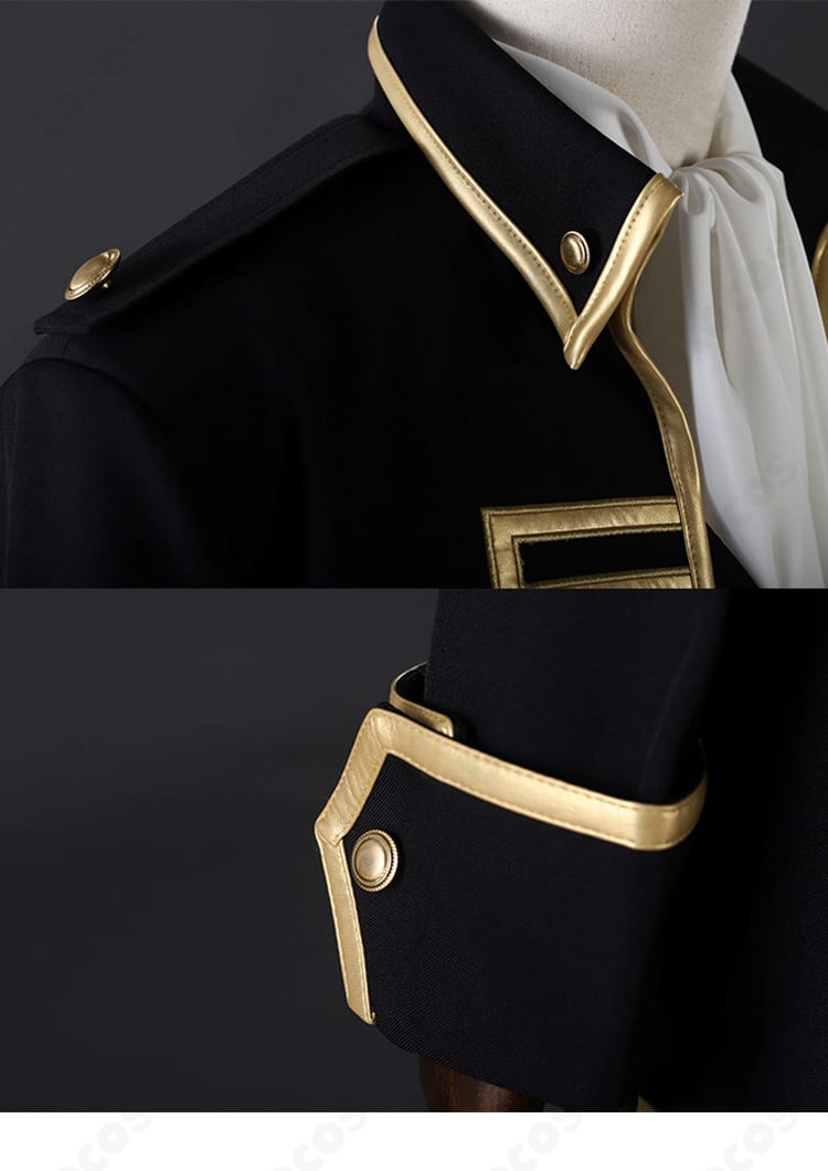 銀魂 真選組隊服の肩と袖装飾。ライン配置と金色トリムの雰囲気を再現。