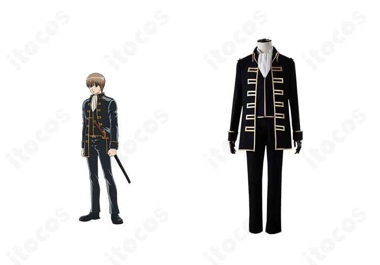 銀魂 真選組隊服コスプレ衣装の正面全体。近藤勲・土方十四郎・沖田総悟対応の黒地に金装飾を再現。