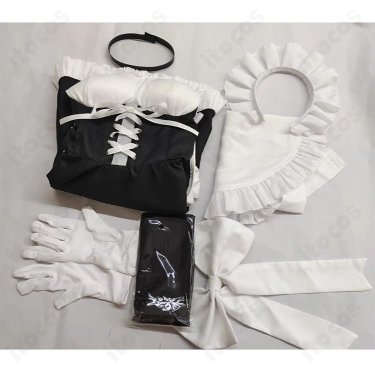 星月楓・星月鈴 メイド服コスプレ セット内容。ワンピース、エプロン、チョーカー、カチューシャ、手袋、靴下を並べて紹介。