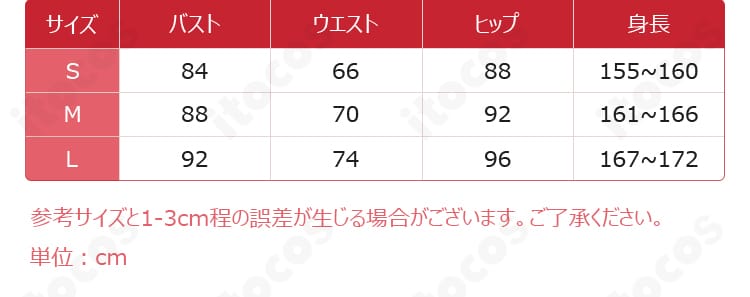 ナースコスプレ衣装のサイズ対応表（S・M・L・オーダーメイド）。選び方の目安に役立つ図版。