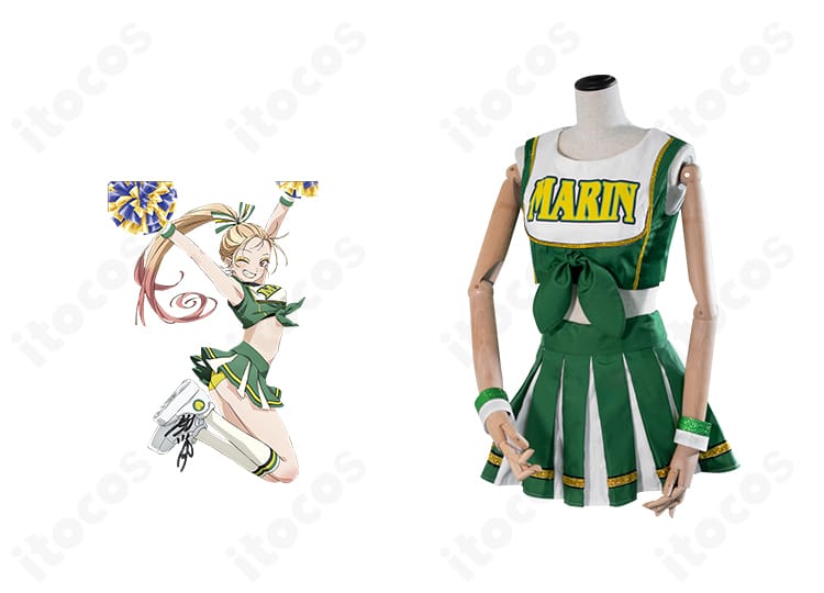 喜多川海夢のチアガール衣装とキャラクタービジュアルの合成イメージ。着せ恋公式イメージに基づく配色とデザインを再現した正面ビュー。