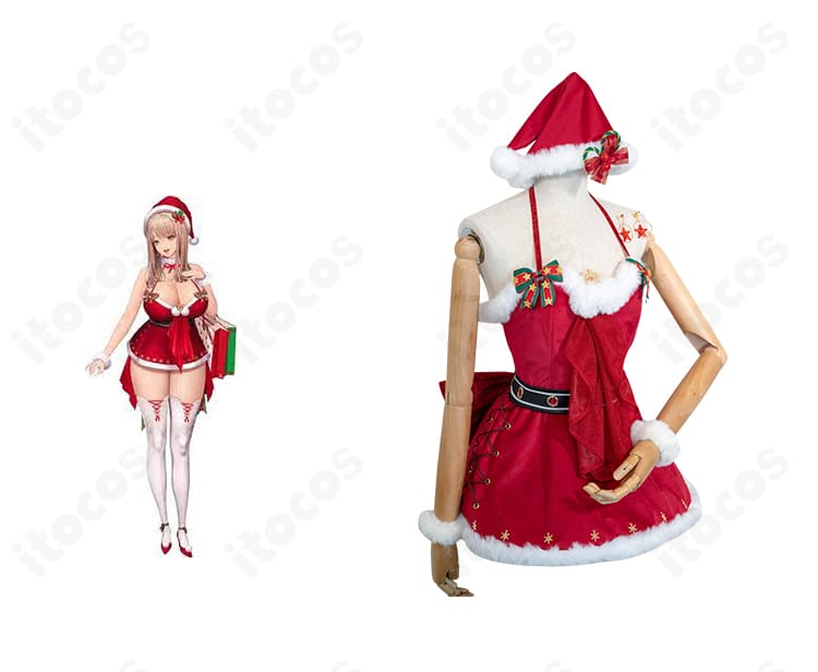 商品正面とエマのダーリンレッド衣装一式を並べた写真｜勝利の女神：NIKKE エマ コスプレ