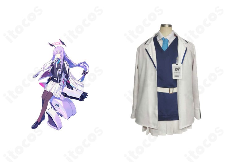 白石ウタハのコスプレ衣装 正面全身。キャラクターの配色とコートのシルエットを高再現し、快適な着心地を示す構成。