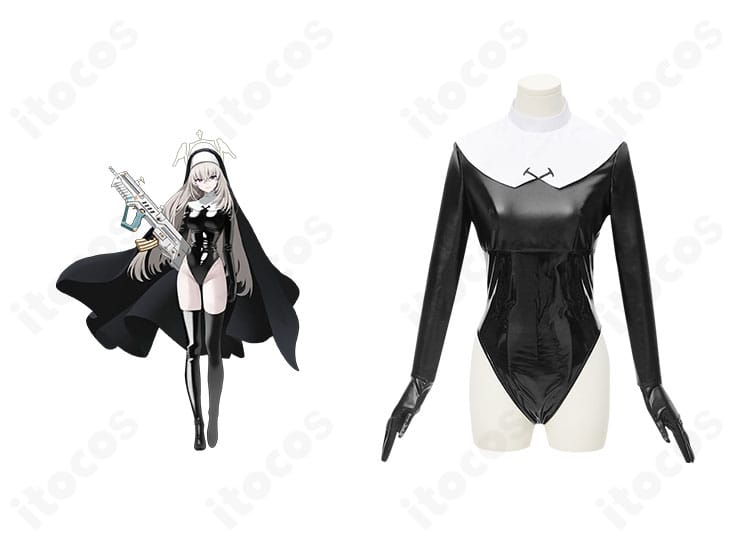 商品正面とキャラクター比較：ブルーアーカイブ 歌住サクラコ 覚悟 コスプレ衣装の全体像と配色を示す画像