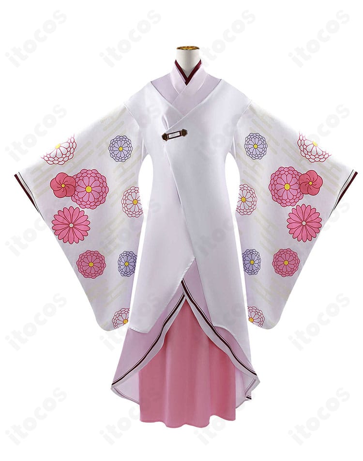 【推しの子】黒川あかね 鞘姫ver. コスプレ衣装の正面アップ。生地の発色と刺繍調ディテール、シルエットの美しさを強調。