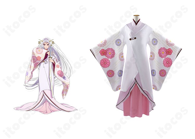 【推しの子】黒川あかね 鞘姫ver. コスプレ衣装の正面全体とキャラクター比較。立体襟と装飾を含む高再現デザインが分かる構図。