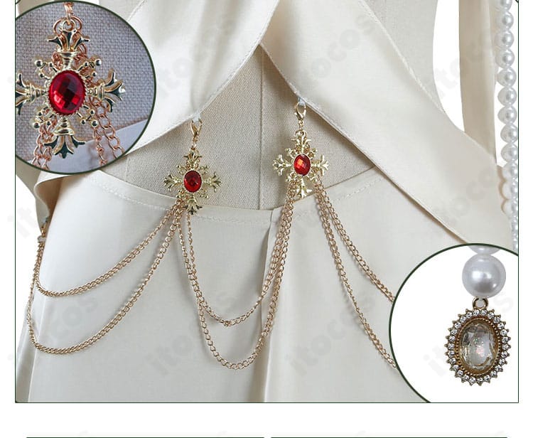 腰飾りのクローズアップ。装飾パーツの形状と配色、固定位置が分かる星神「豊穣」薬師コスプレ衣装