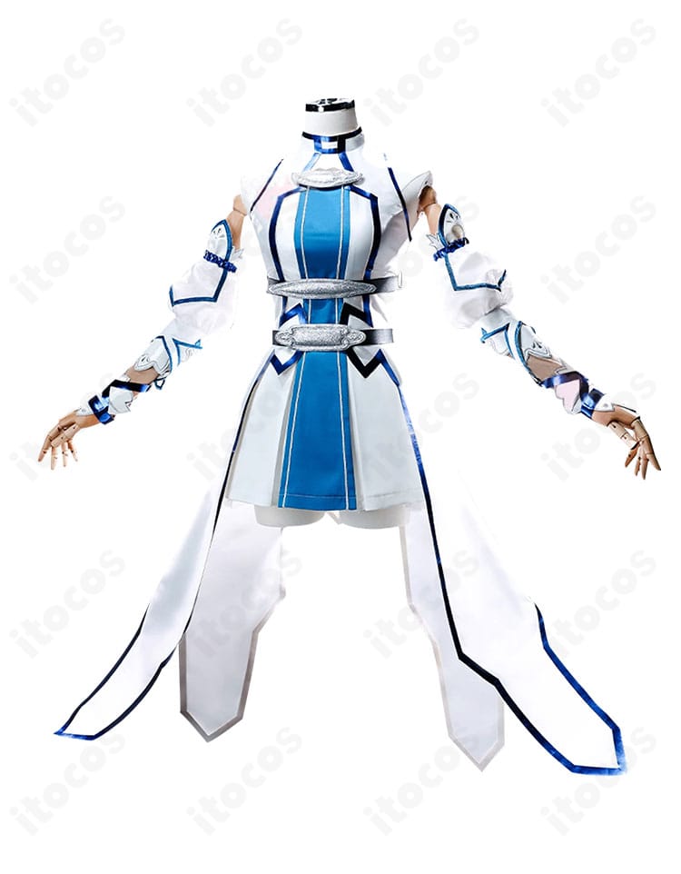 SAO アスナ ウンディーネVer. コスプレ衣装の斜め側面。袖やスカートの立体感と装飾ラインを確認できるアングル。