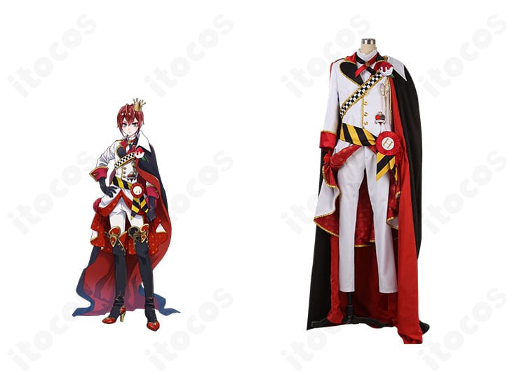 エース・トラッポラ 寮服コスプレの正面全身とキャラクター比較、ハーツラビュル寮の装飾ディテールが分かる構図