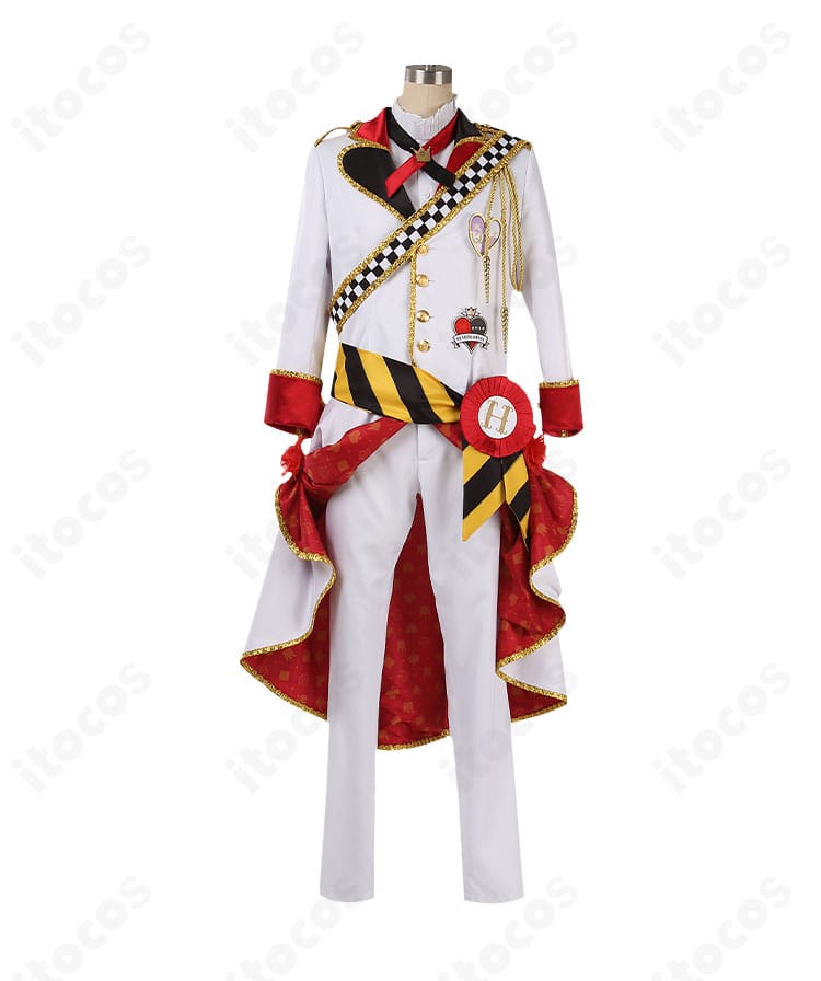 エース・トラッポラ 寮服コスプレ 装飾ディテール：胸飾り・襟飾り・腰の花飾りの質感クローズアップ