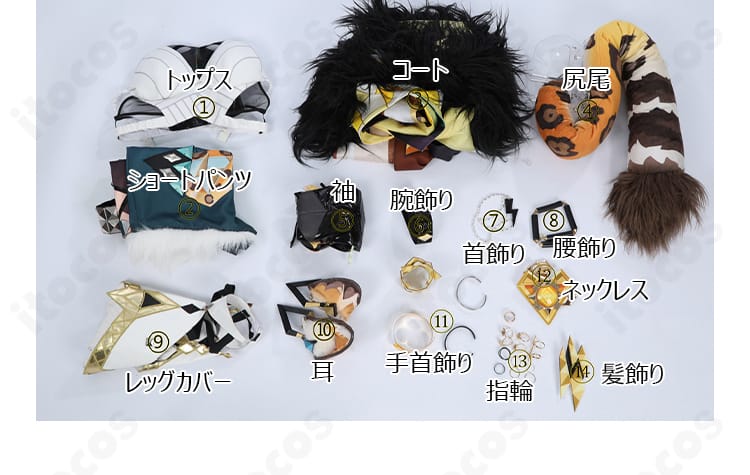 シロネン コスプレ衣装セット一式。トップス・外套・アクセサリーまでの同梱内容を一覧表示。