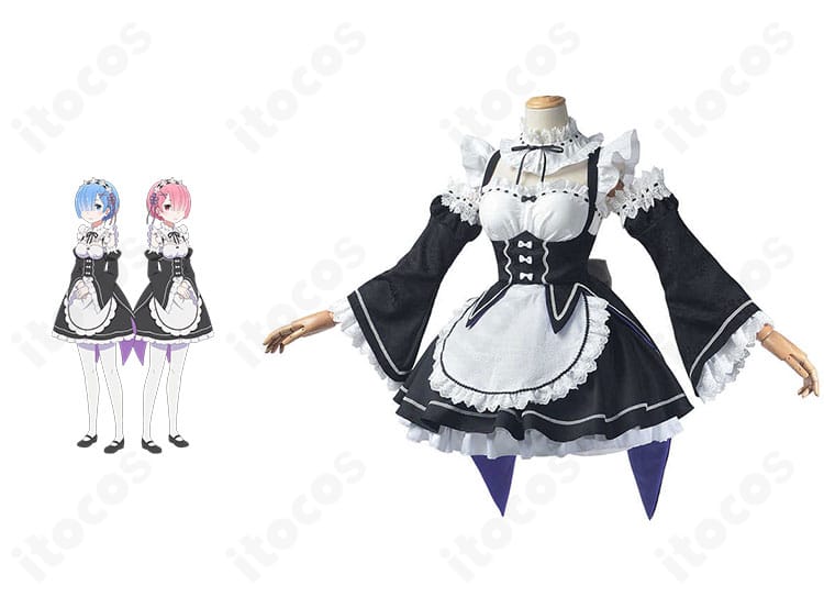 Re:ゼロ レム／ラム メイド服コスプレの正面全体とキャラクター比較図。シルエットと配色を忠実に再現した高品質モデル。