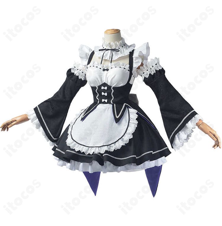 Re:ゼロ レム／ラム メイド服コスプレの正面全体図。白黒コントラストとフリルラインが映えるデザイン。