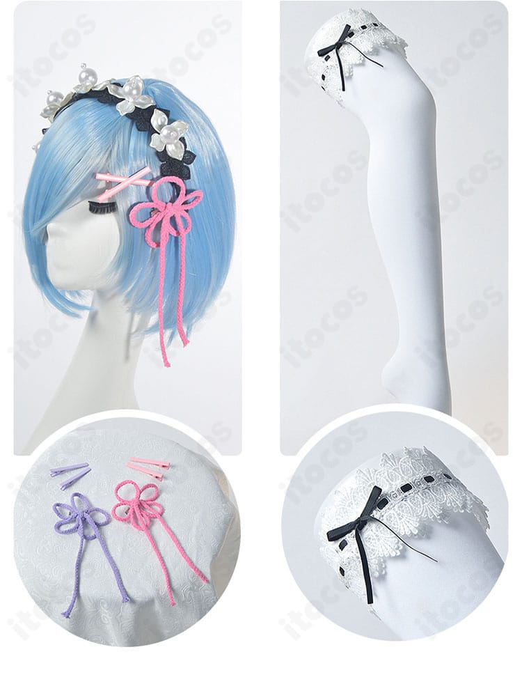Re:ゼロ レム／ラム メイド服コスプレのセットアクセサリー一覧。つけ襟・袖・髪飾り・靴下を掲載。