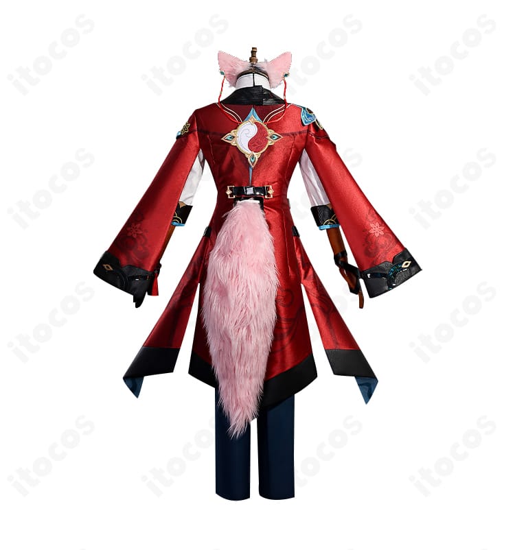 椒丘コスプレ衣装の背面全体。背飾りと背面の切り替え、裾の分量感を示す画像。