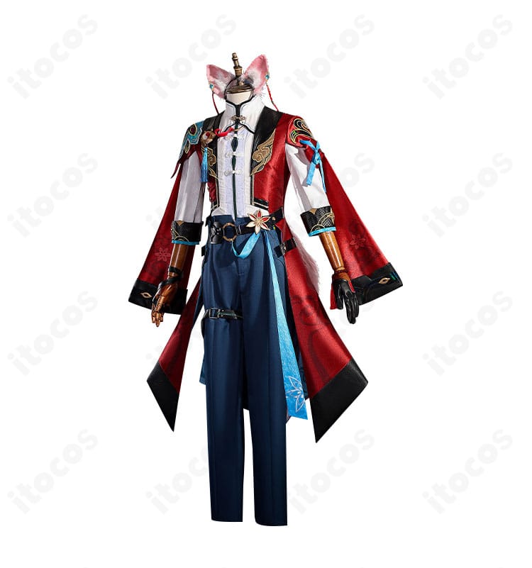 椒丘コスプレ衣装の左側面ディテール。肩から袖口、腰飾りの位置関係と縫製ラインがわかる画像。