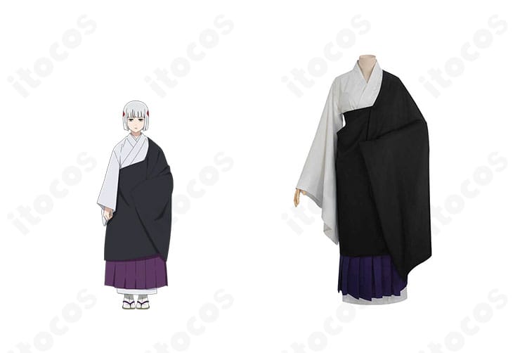 裏梅のコスプレ衣装とキャラクターを並置した正面全体像。和装袈裟のシルエットと世界観の一致を示す画像