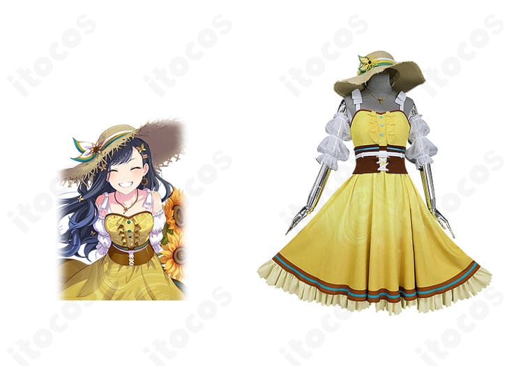 プロジェクトセカイ 白石杏『優しい記憶』コスプレ衣装をフル着用し正面から撮影。花柄とリボン装飾まで忠実に再現した一枚。