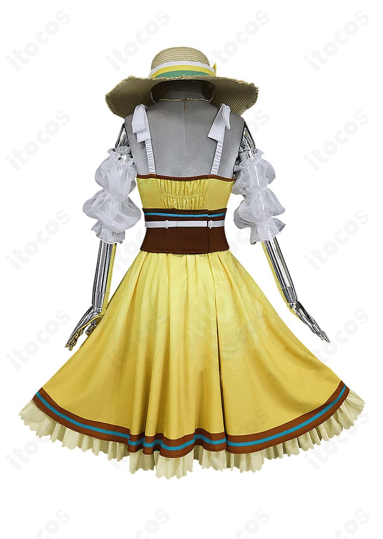 白石杏コスプレ衣装の背面全体。スカートの広がりや背面の装飾配置、シルエットが確認できる画像。