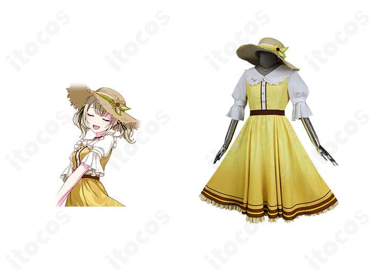 プロジェクトセカイ 小豆沢こはね「レモネードで一休み♪」コスプレ衣装の正面全身。配色と装飾が分かる参考画像