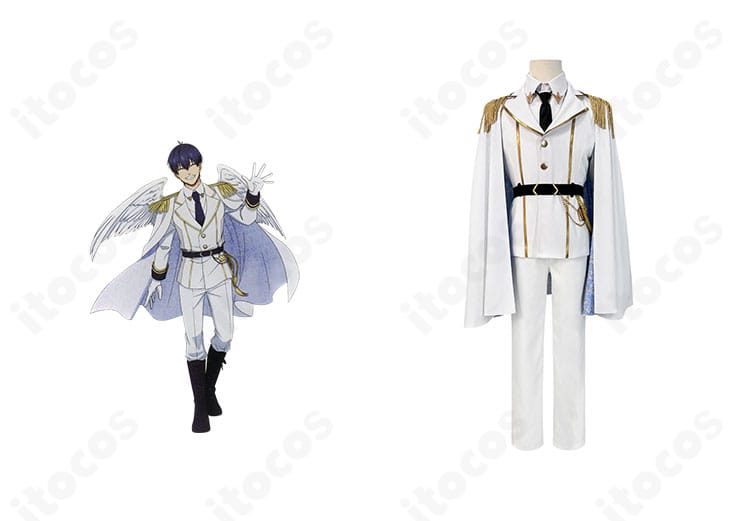 商品正面とキャラクターイラストの比較画像。ブルーロック 潔世一 天使ver.のコートとマントの全体シルエットを忠実再現。