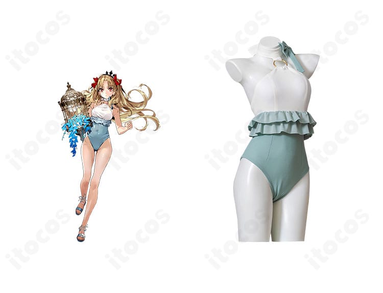 エレシュキガル 9周年水着コスプレ衣装の全身正面と公式ビジュアル風比較。FGOの意匠と装飾を確認できる組み合わせ画像