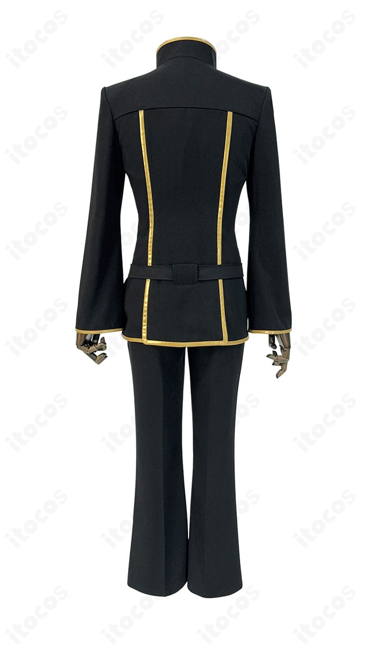 商品背面図。背面の装飾ライン配置とジャケット裾のカッティング、パンツの落ち感を確認できる画像。