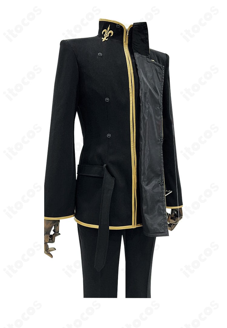 商品右側面図。肩から裾にかけての端正なラインとベルト位置のバランスを確認可能。