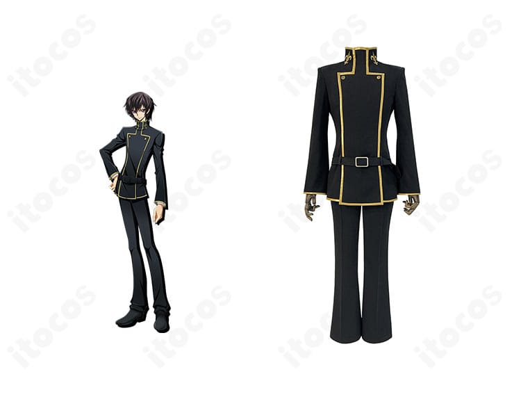 商品正面とルルーシュ・ランペルージ学園制服コスプレの比較イメージ。黒地に金ラインの上着とボトムが高発色で再現。