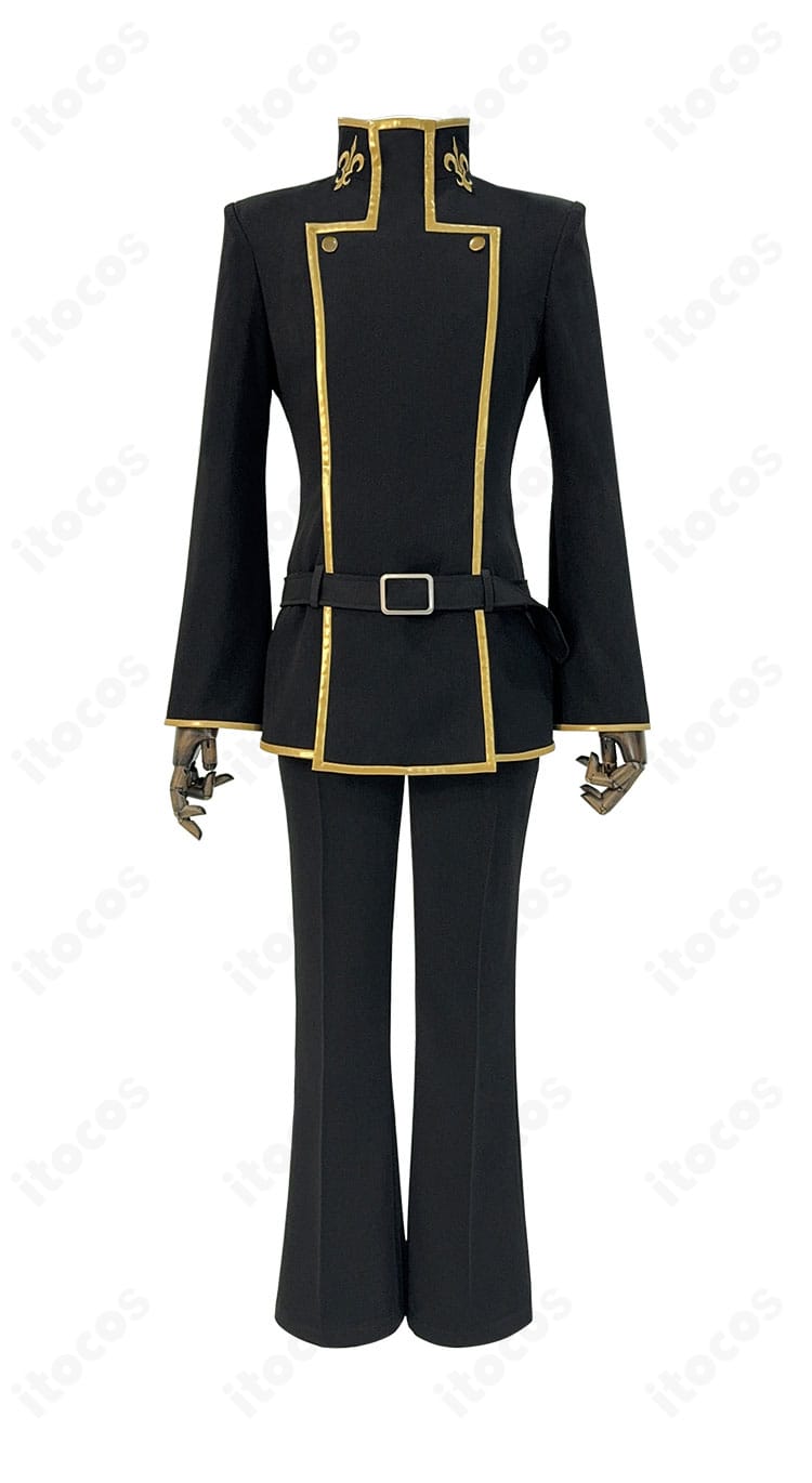 商品正面図。アッシュフォード学園男子制服の上着ボタン配置とゴールド装飾ライン、シルエットが分かる全体写真。