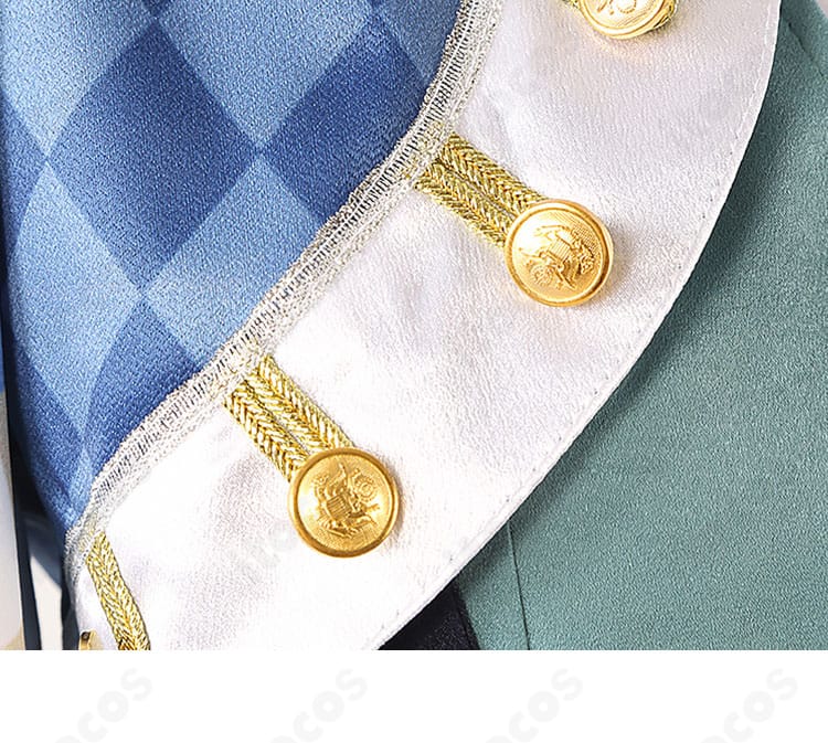 襟ボタン装飾ディテール｜金色ボタンの意匠と留め付け