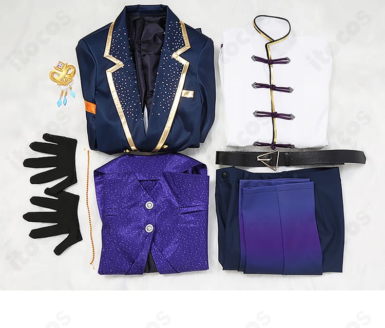 セット内容一覧。コート、ベスト、シャツ、ズボン、胸飾り、手袋、ベルト、飾りチェーン、腰飾りを同梱した逆先夏目用フルセット。