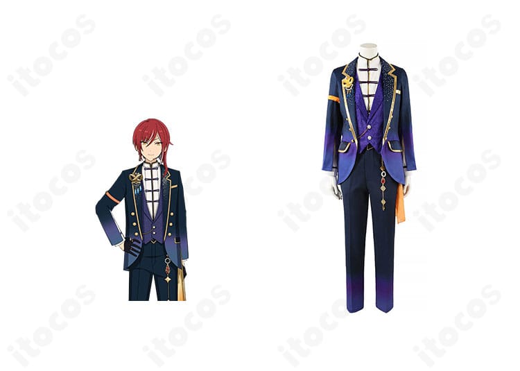 『あんさんぶるスターズ!!』逆先夏目 クルーズ衣装の商品正面とキャラクタービジュアル比較。刺繍や胸飾りまで高再現のITOCOS製コスチューム。