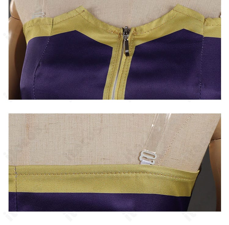 セフィーロ衣装の背面とチェーンのディテール。背中側のポイント装飾に焦点を当てた画像。