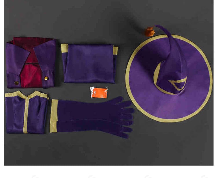 セフィーロコスプレ衣装のセット内容一覧。マント、帽子、トップス、スカート、手袋、透明ストラップが揃っています。