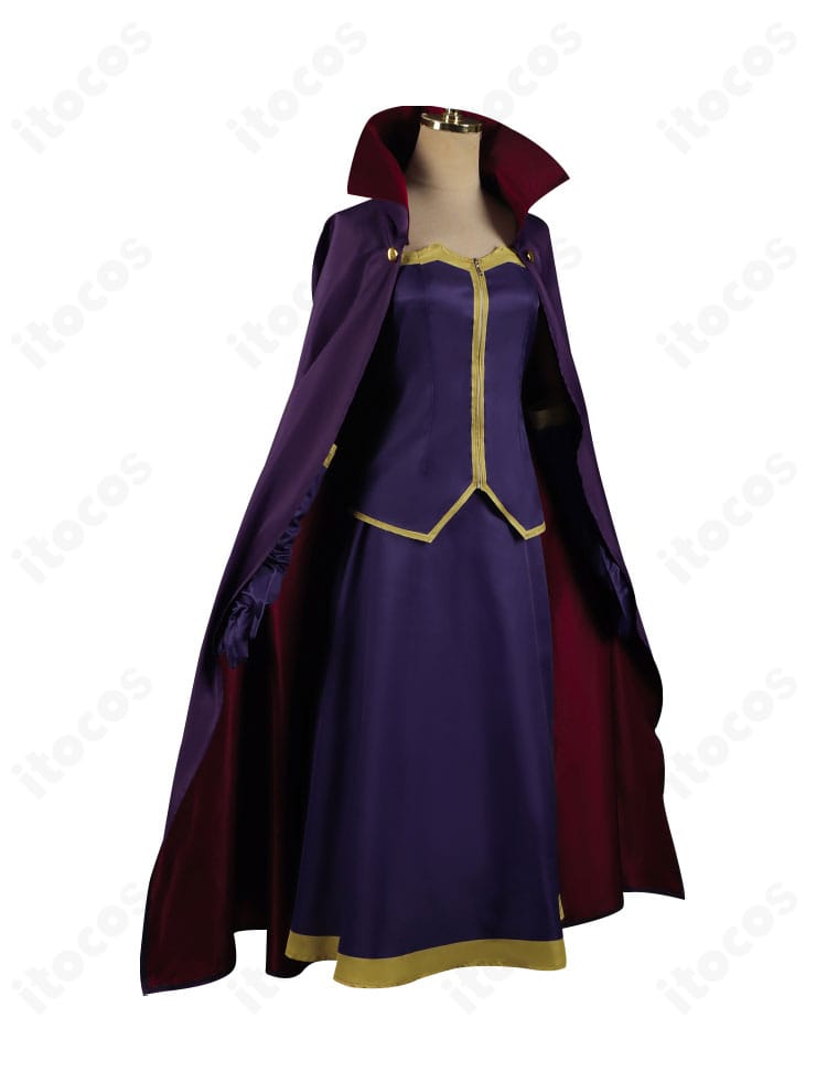 セフィーロコスプレ衣装の側面。マントの落ち感とスカートのシルエット、袖ラインのバランスを強調。